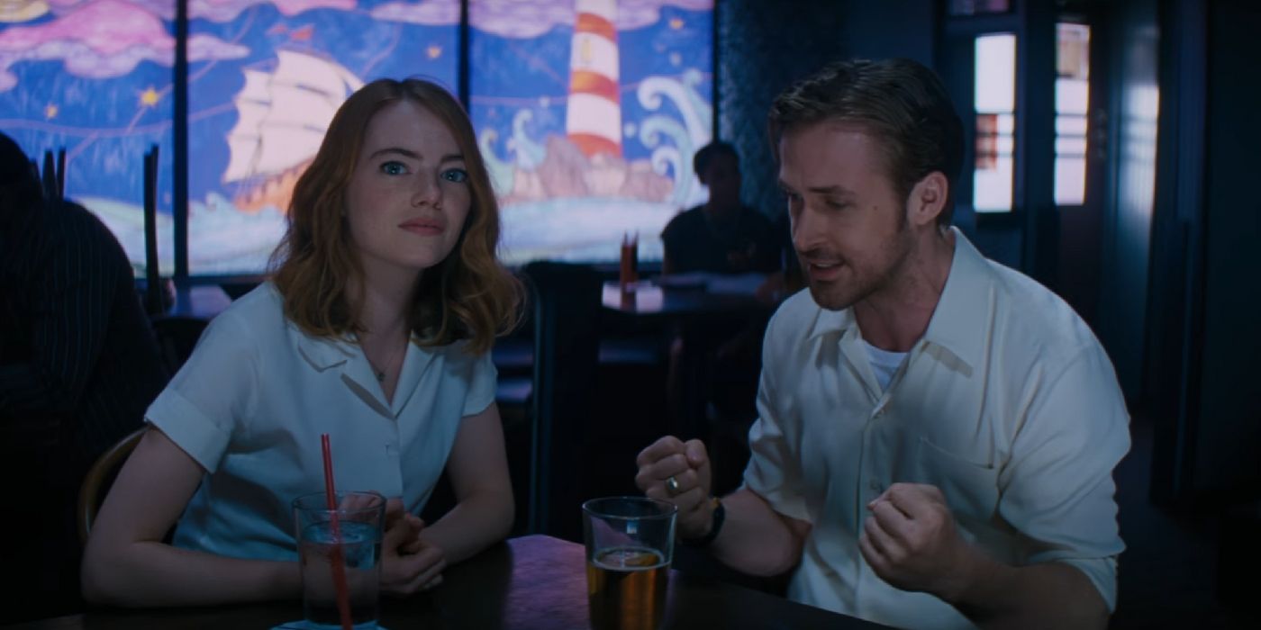 La La Land Jazz Discussion Emma Stone as Mia and Ryan Gosling as Sebatian