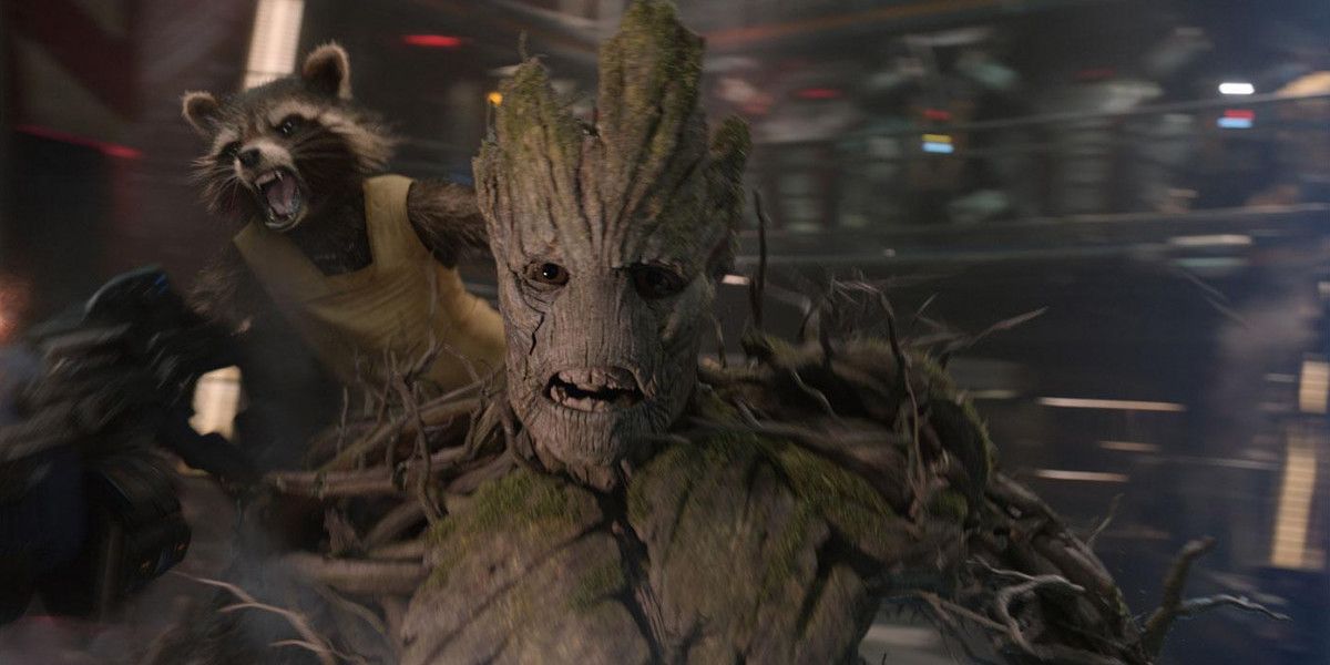 Rocket and Groot fighting in Guardians of the