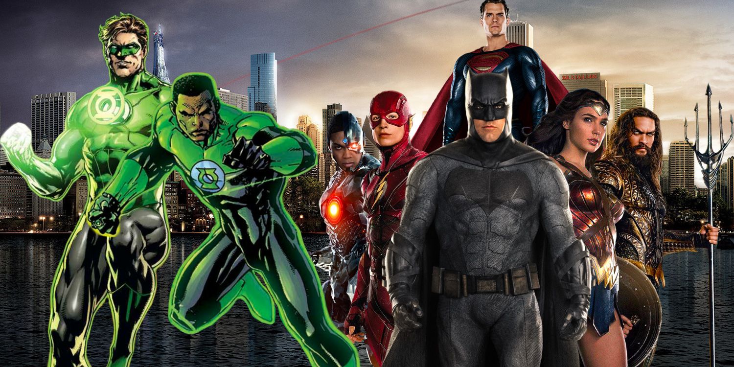 Justice League with Green Lanterns Hal Jordan and John Stewart