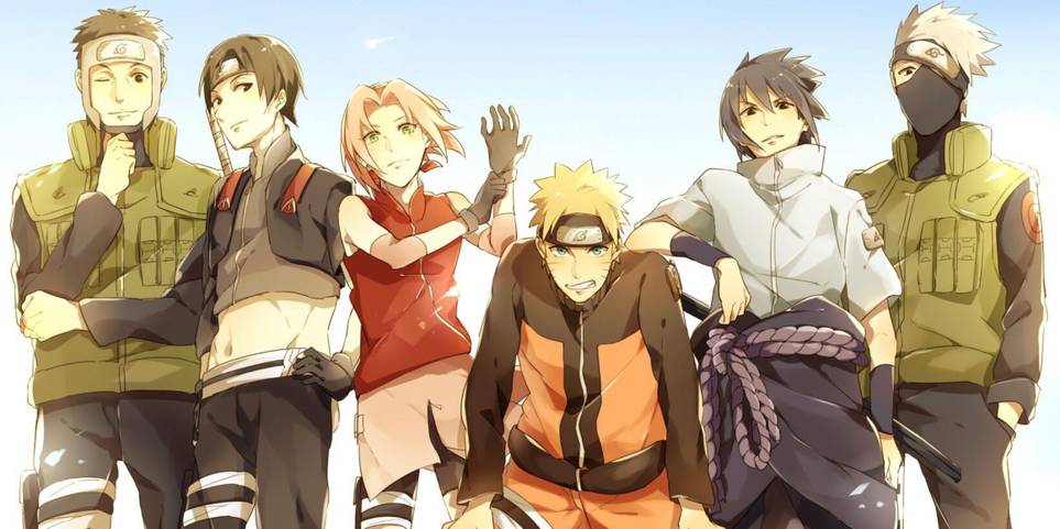 Eine Manga-Illustration zeigt Yamato, Sai, Sakura, Naruto, Sasuke und Kakashi als Mitglieder von Team 7