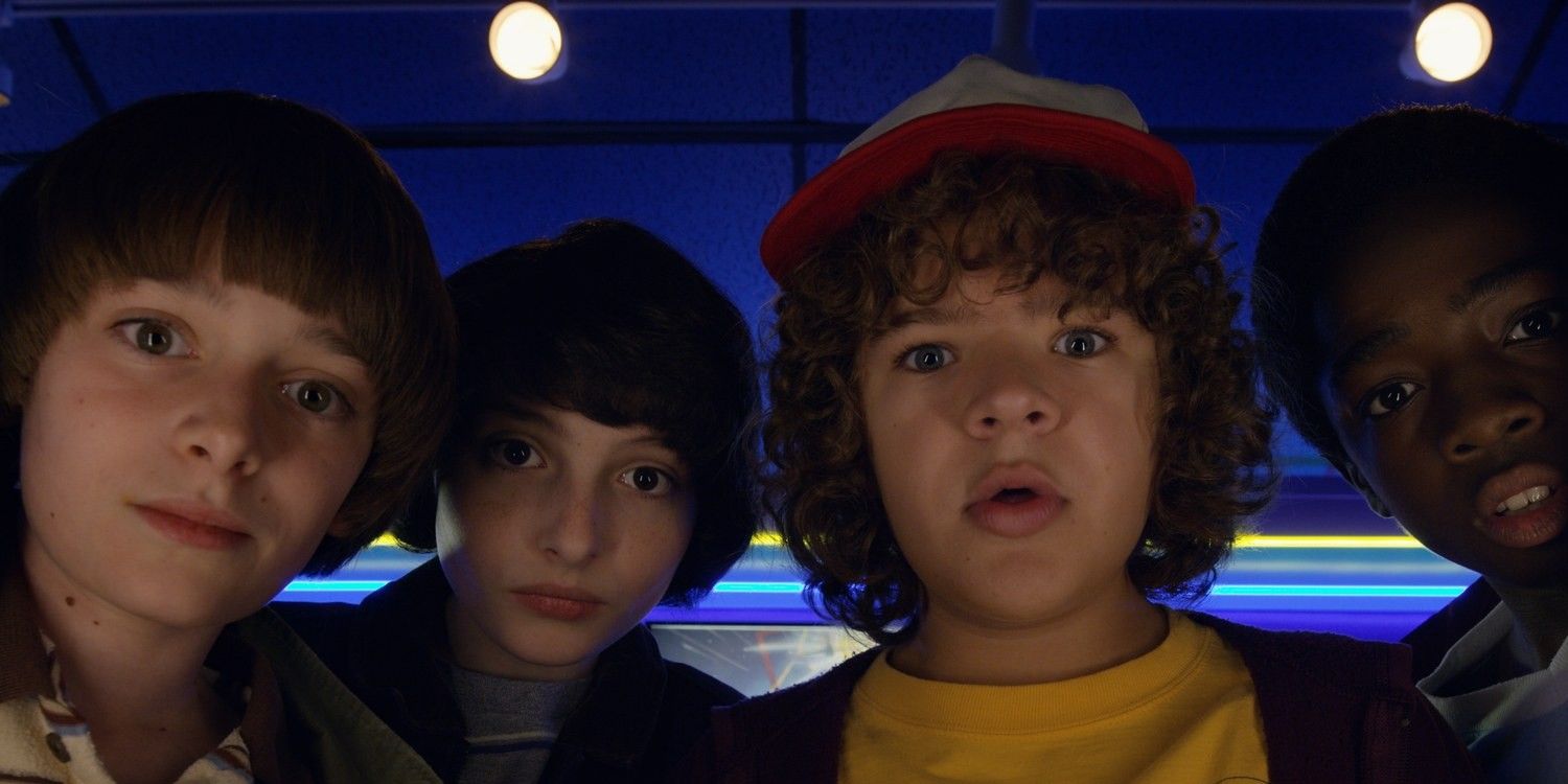 Noah Schnapp as Will Finn Wolfhard as Mike Gaten Matarazzo as Dustin as Caleb McLoughlin as Lucas in Stranger Things