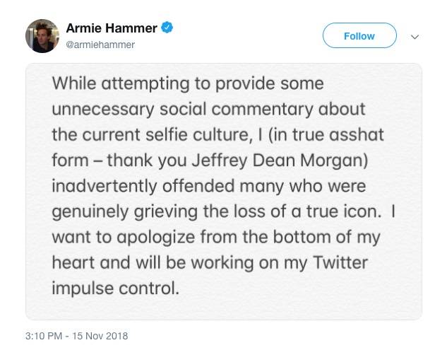Armie Hammer Apologises Publicly For His Stan Lee Comments After His Death 1 Armie Hammer Stan Lee tweet