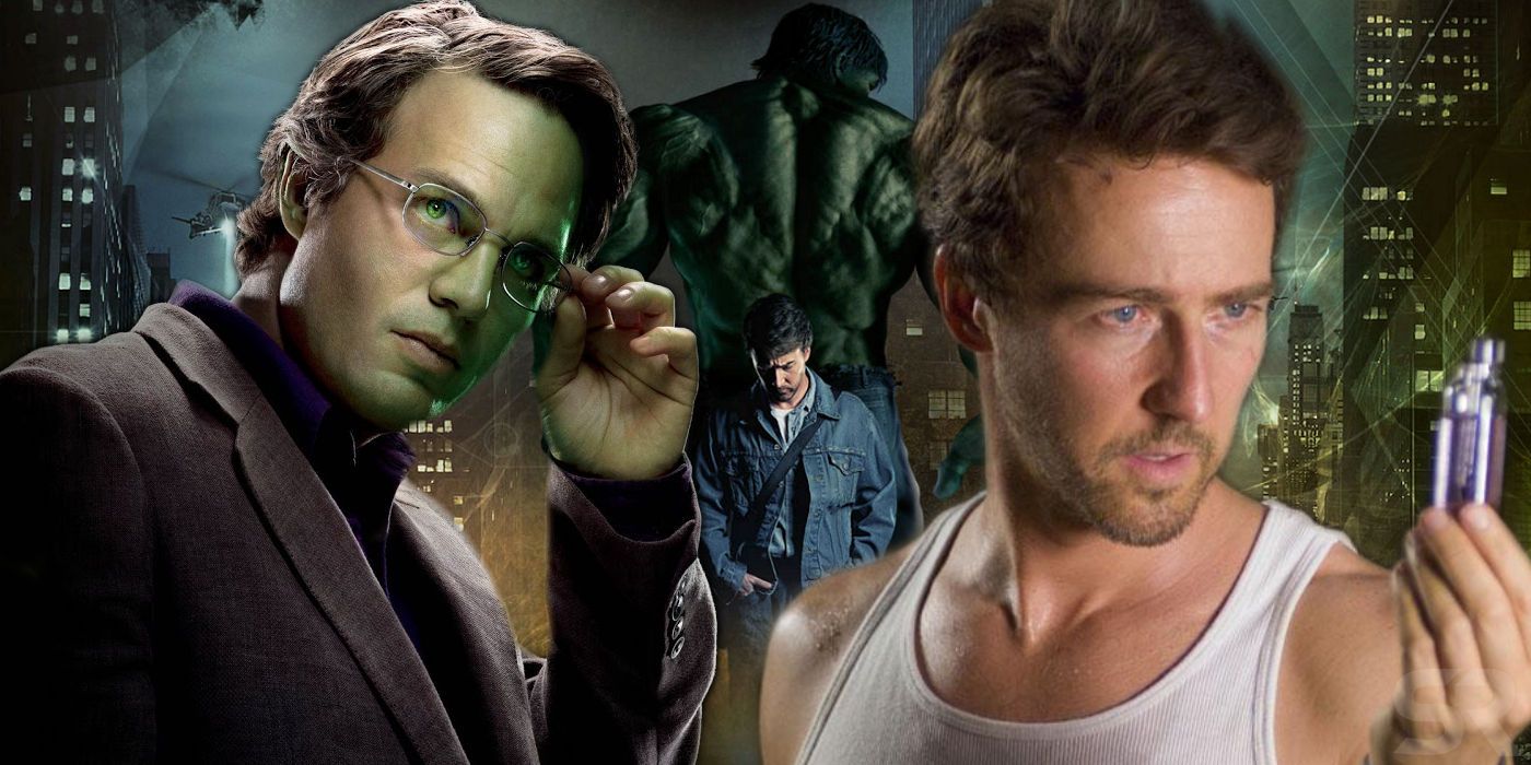 Mark Ruffalo and Edward Norton with Incredible Hulk background