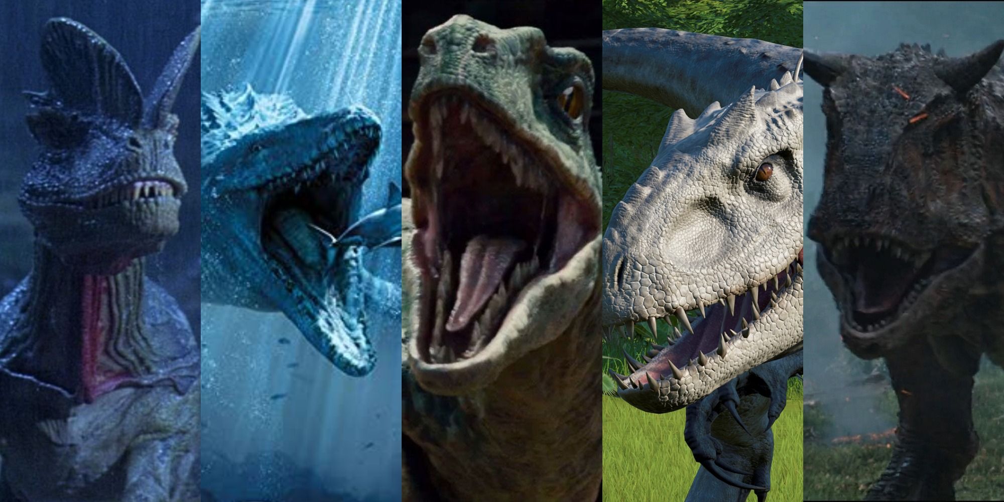 A collage of dinosaurs from the Jurassic Park franchise all bearing their teeth