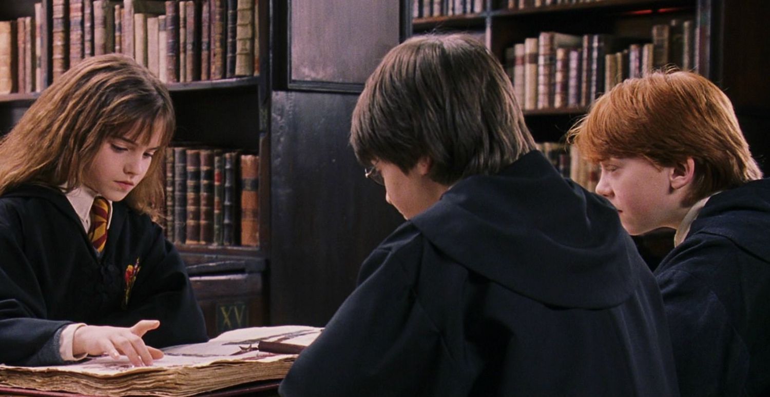 Hermione Harry Ron with books