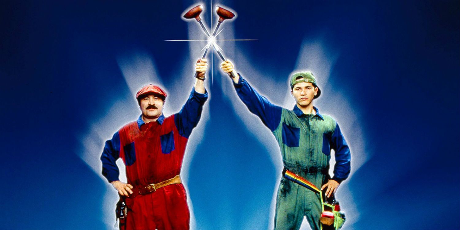 Live action Mario and Luigi holding up toilet plungers.