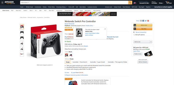 Nintendo Switch Pro Controller Gets Adults Only ESRB Rating On Amazon