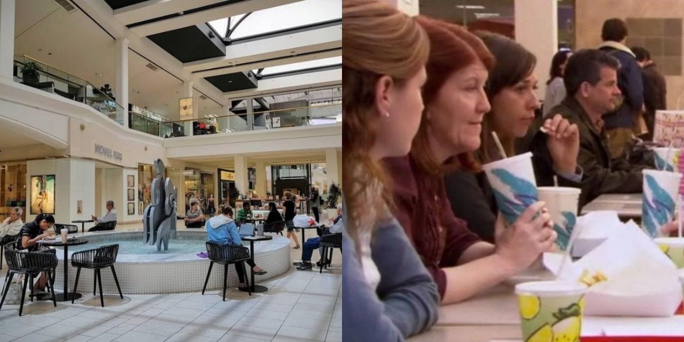A split image of the mall that the characters from The Office shop at and eat in the food court
