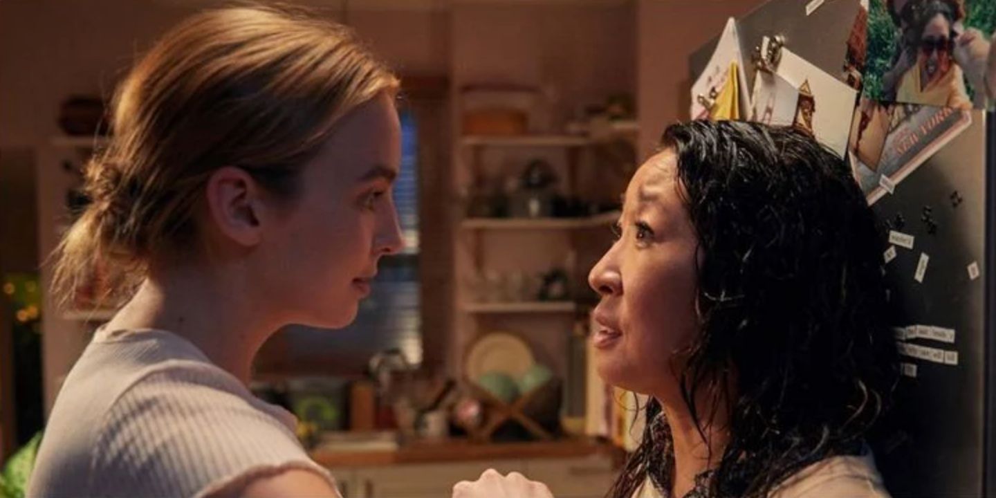 Villanelle and Eve confront one another in the kitchen in Killing Eve