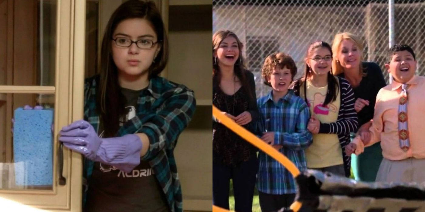 A split image of Alex cleaning and being outside with her family on Modern Family