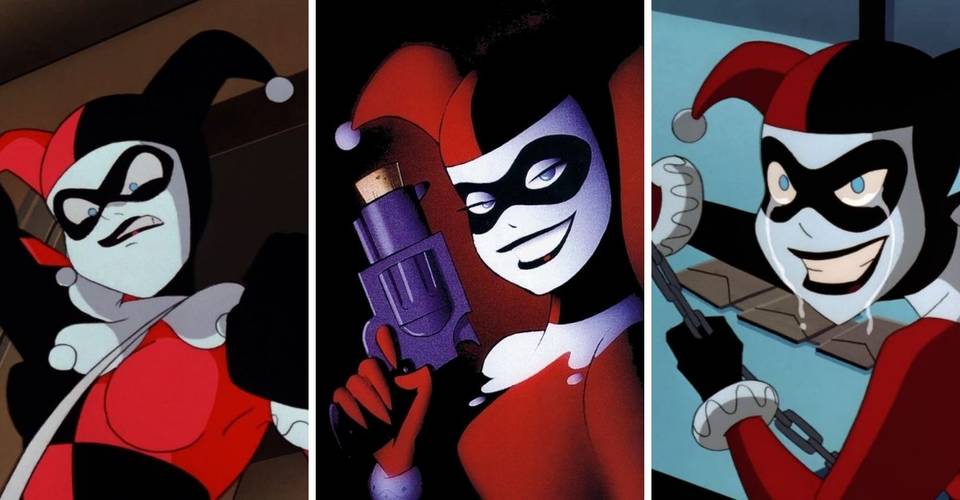 three panels of Harley Quinn character from 1992’s Batman: The Animated Series.