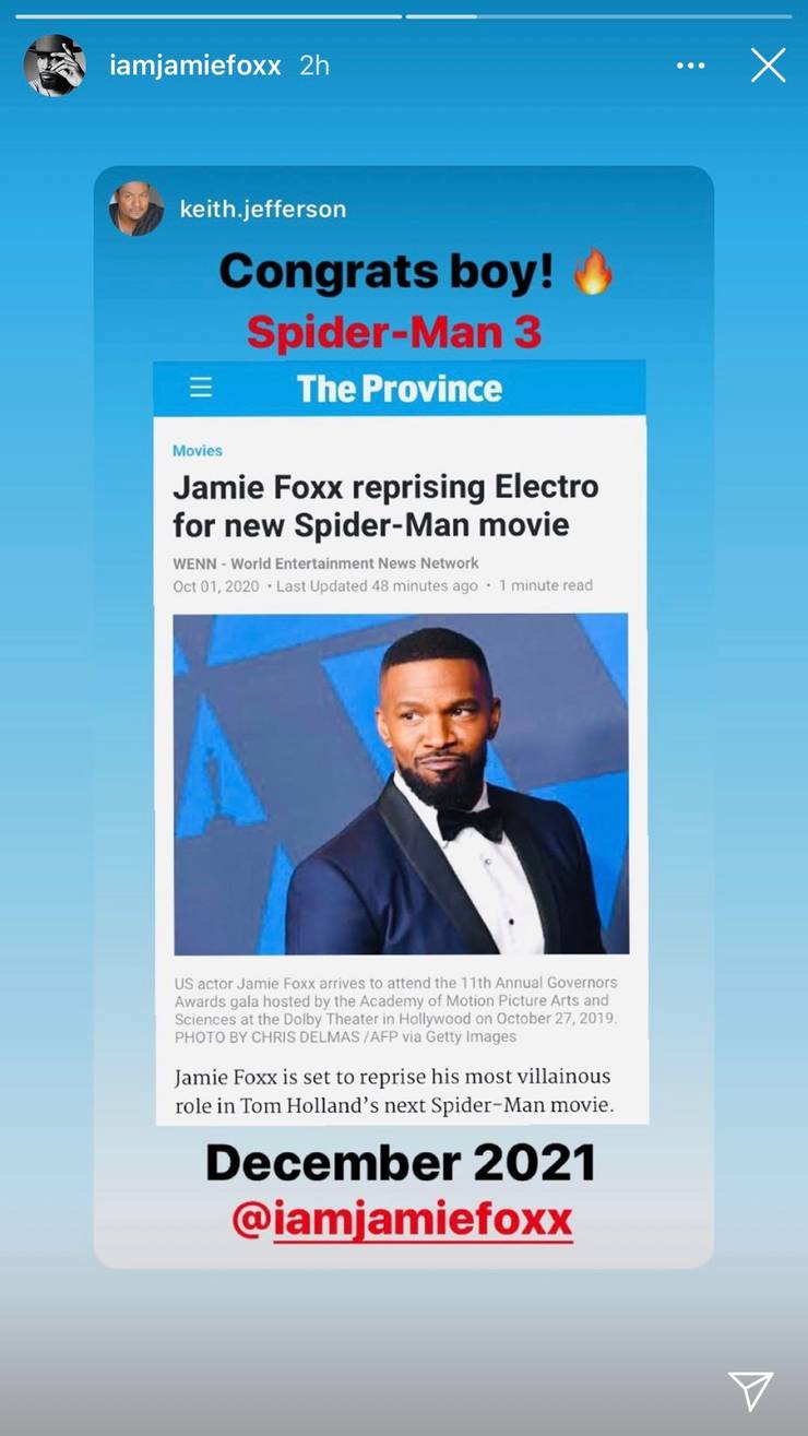 Jamie Foxx megerősítette és izgalmas dolgot árult el Elektróról a Pókember 3.-ban 12 Spider Man 3 Jamie Foxx Electro Instagram.jpg?q=50&fit=crop&w=740&h=1315&dpr=1