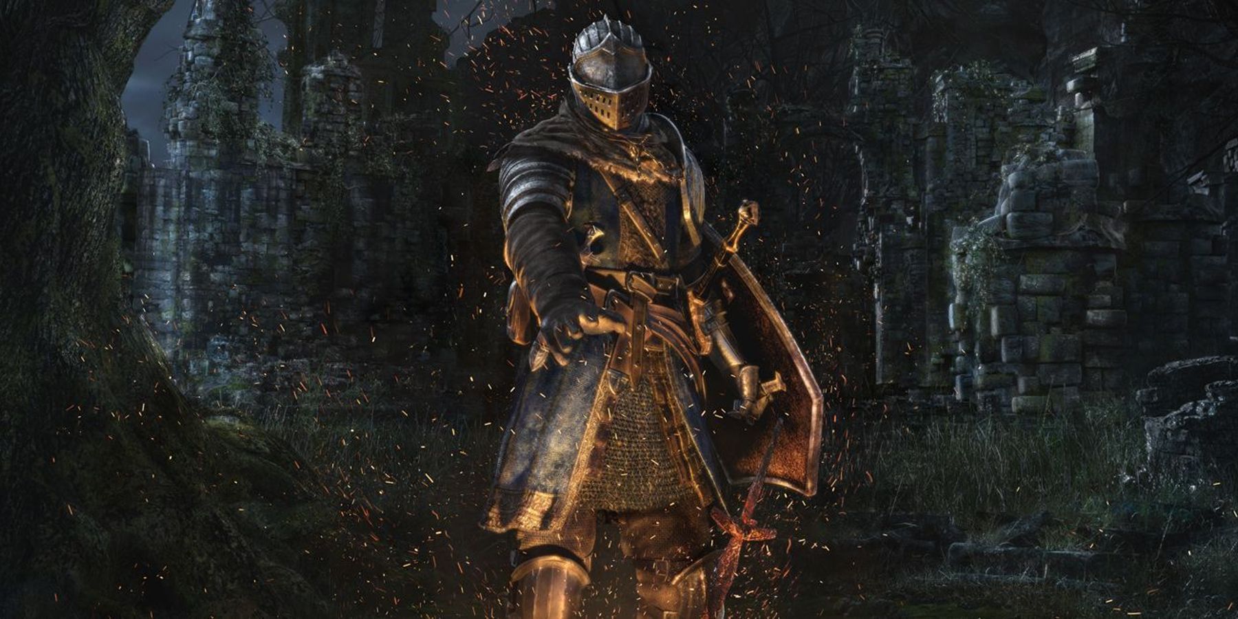 Warrior lighting a bonfire in promo artwork for Dark Souls Remastered