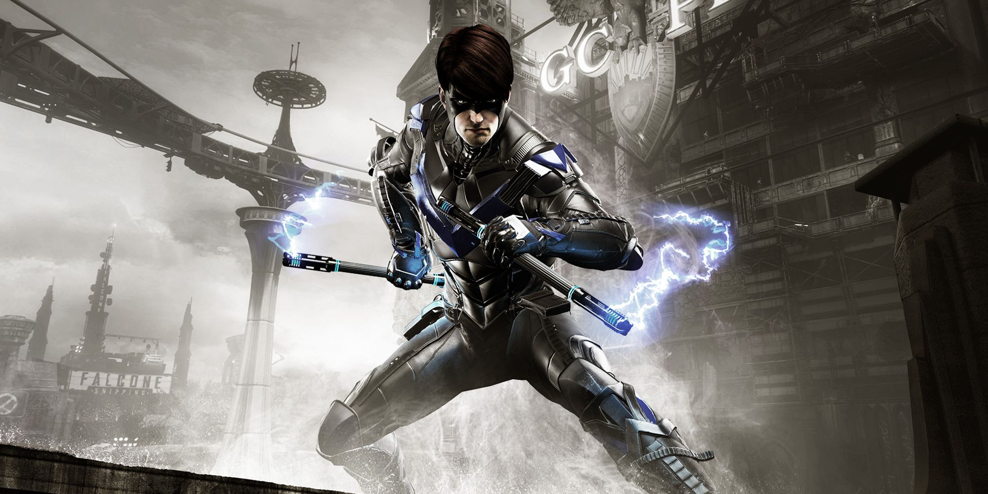 Nightwing with his escrimas in cover artwork for the GCPD Lockdown story in Batman Arkham Knight