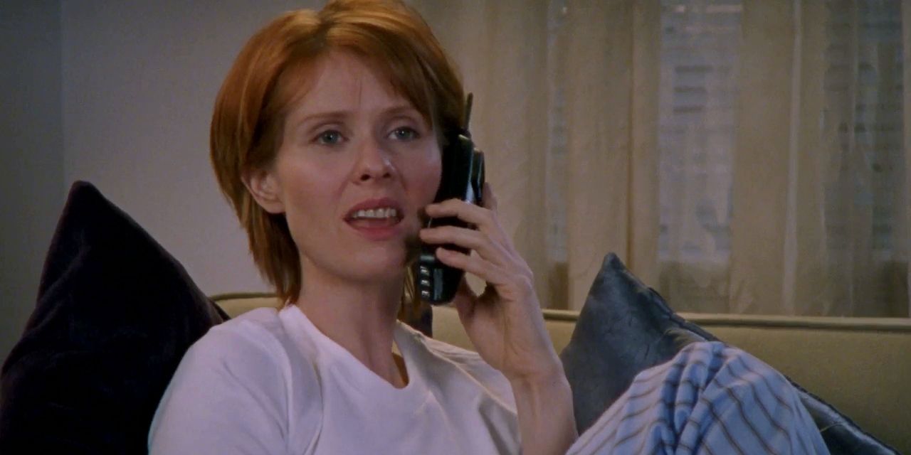 Miranda talks on phone with Carrie in Sex and the City episode The Real Me