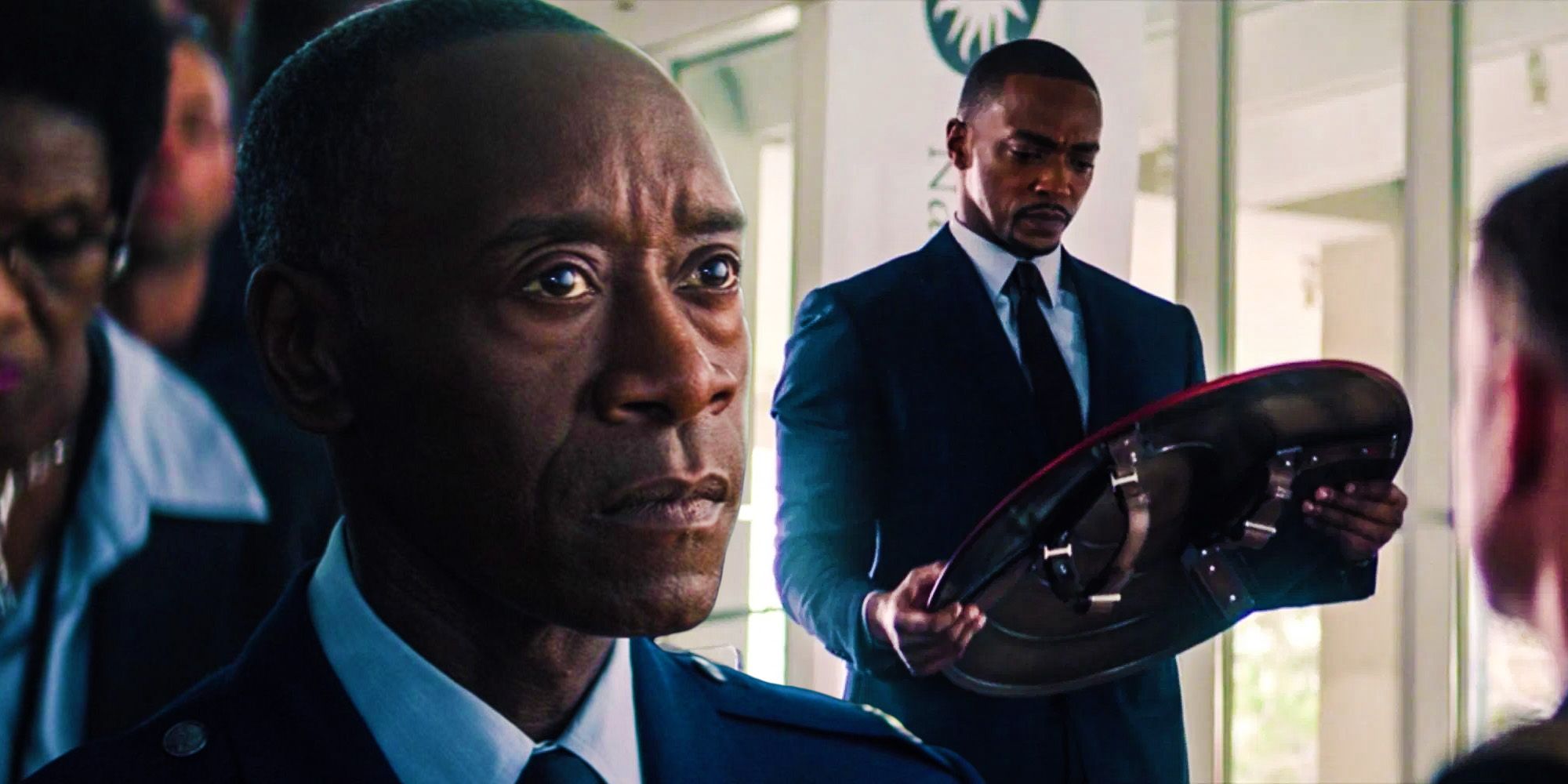 Rhodey Falcon and the winter soldier sam returning the shield