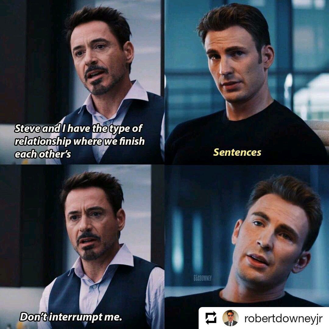 Couldn't see me as Spider-man, but now I'm spittin' Venom ... Steve-and-Tony-finish-each-others-sentences-meme