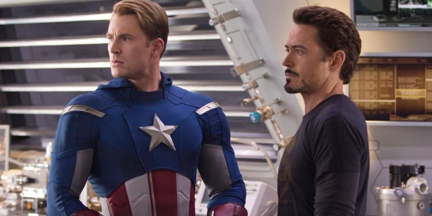 Chris Evans as Steve Rogers Captain America and Robert Downey Jr as Tony Stark Iron Man in Avengers