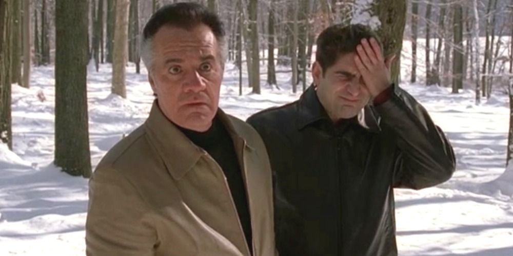 Christopher and Paulie in the pine barrens with Christopher holding his head after Valery escapes