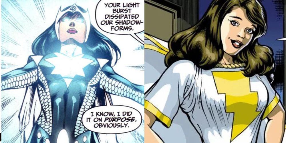 Doctor Light emitting light Mary Marvel in her yellow and white costume