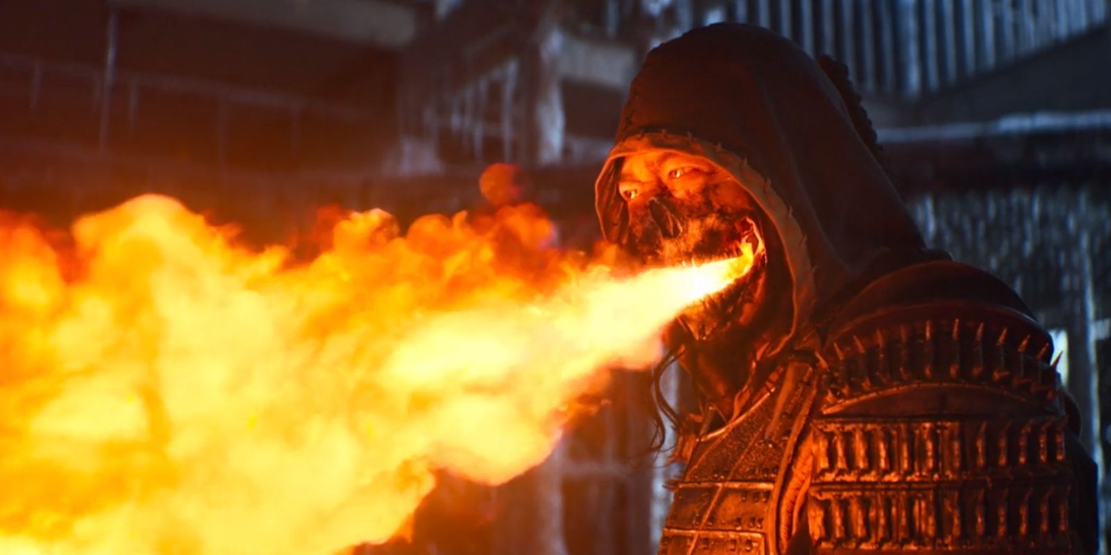 Scorpion using his fire breath in Mortal Kombat 2021