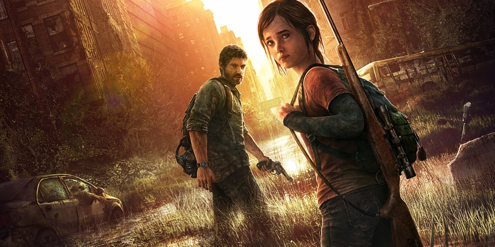 The Last of Us 1 poster featuring Ellie and Joel walking through a ruined city street