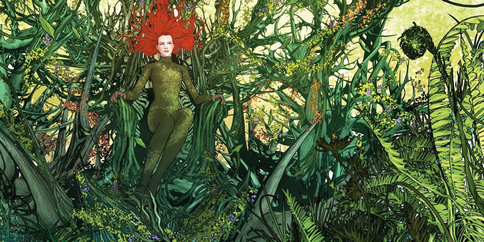 Batman villain Poison Ivy sitting on a throne made of vines surrounded by various plants and trees