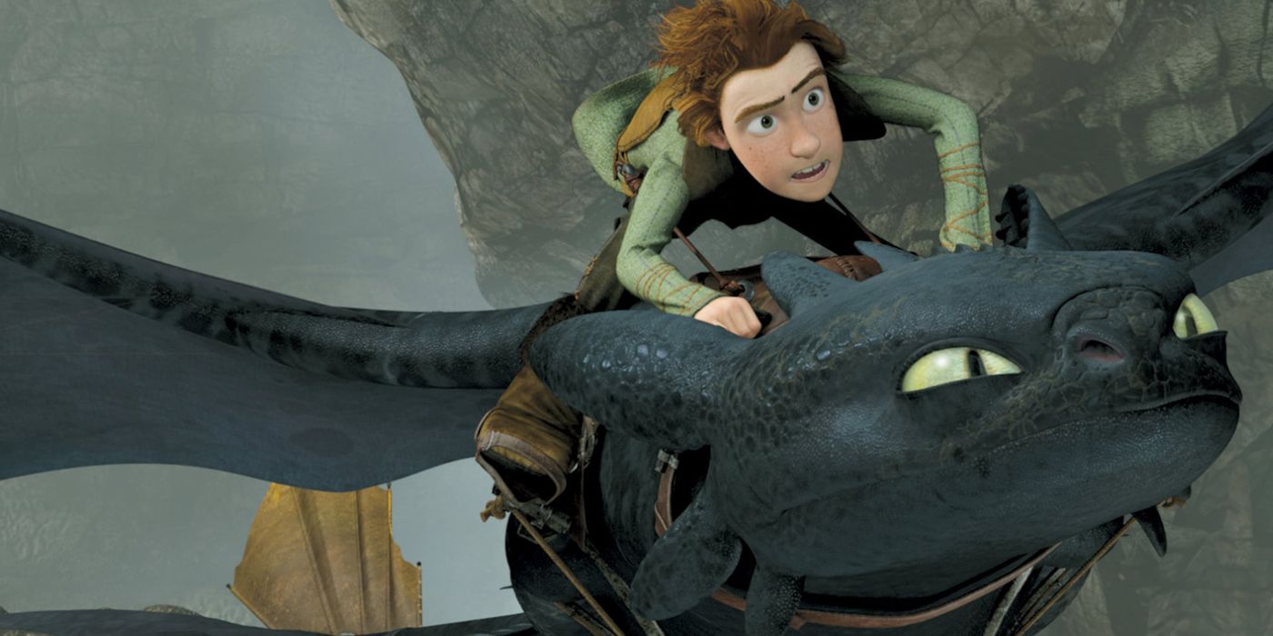 Hiccup riding on Toothless in How To Train Your Dragon