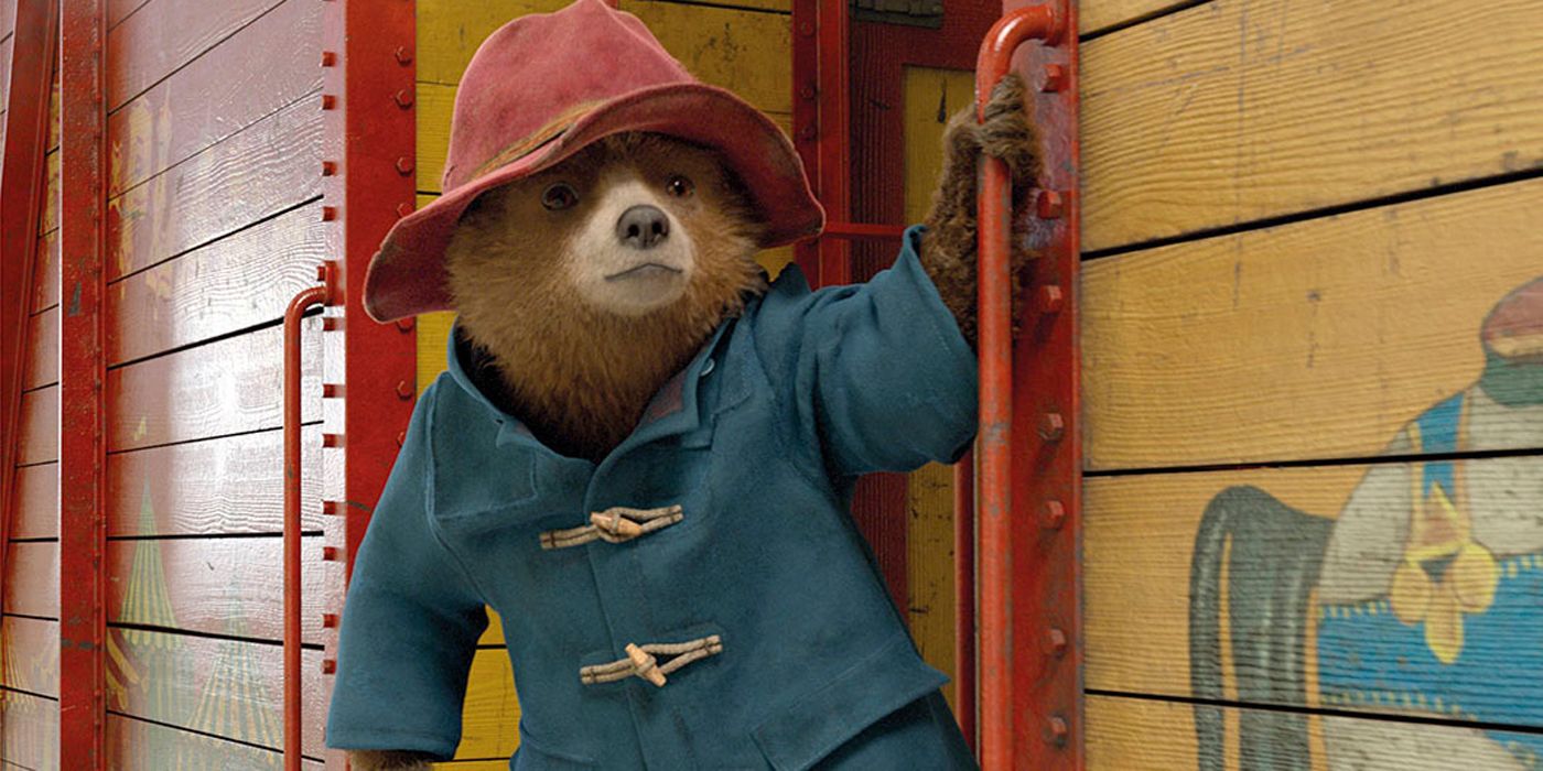 Paddington hanging off a train