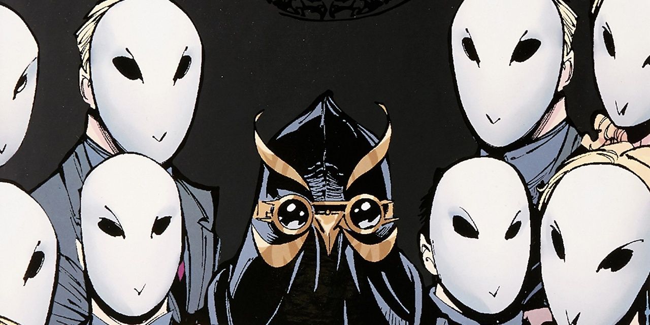 image of the Batman villains the Court of Owls standing with their assassin Talon