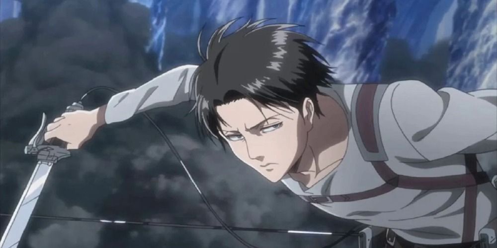 Levi Ackerman from Attack on Titan flying through the air in a grey shirt holding a sword
