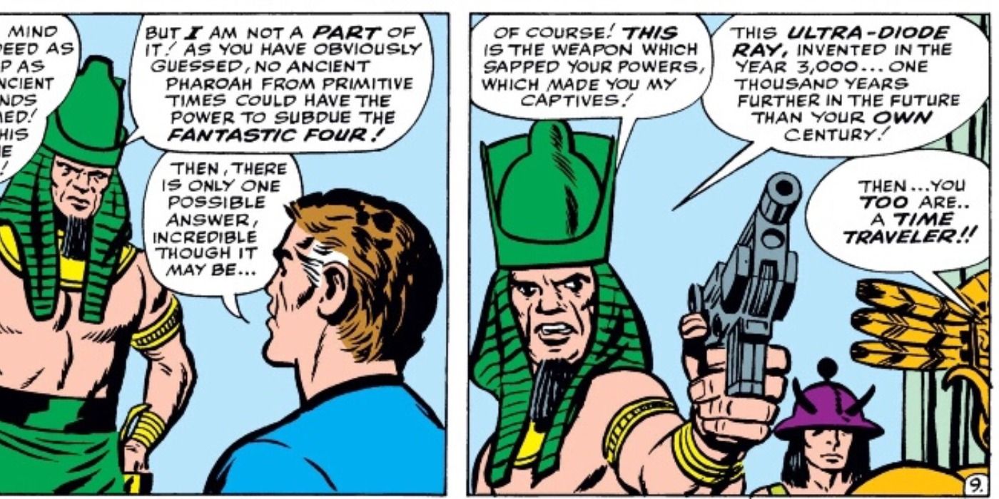 Rama Tut brandishes Ultra Diode gun against Reed Richards in Marvel Comics