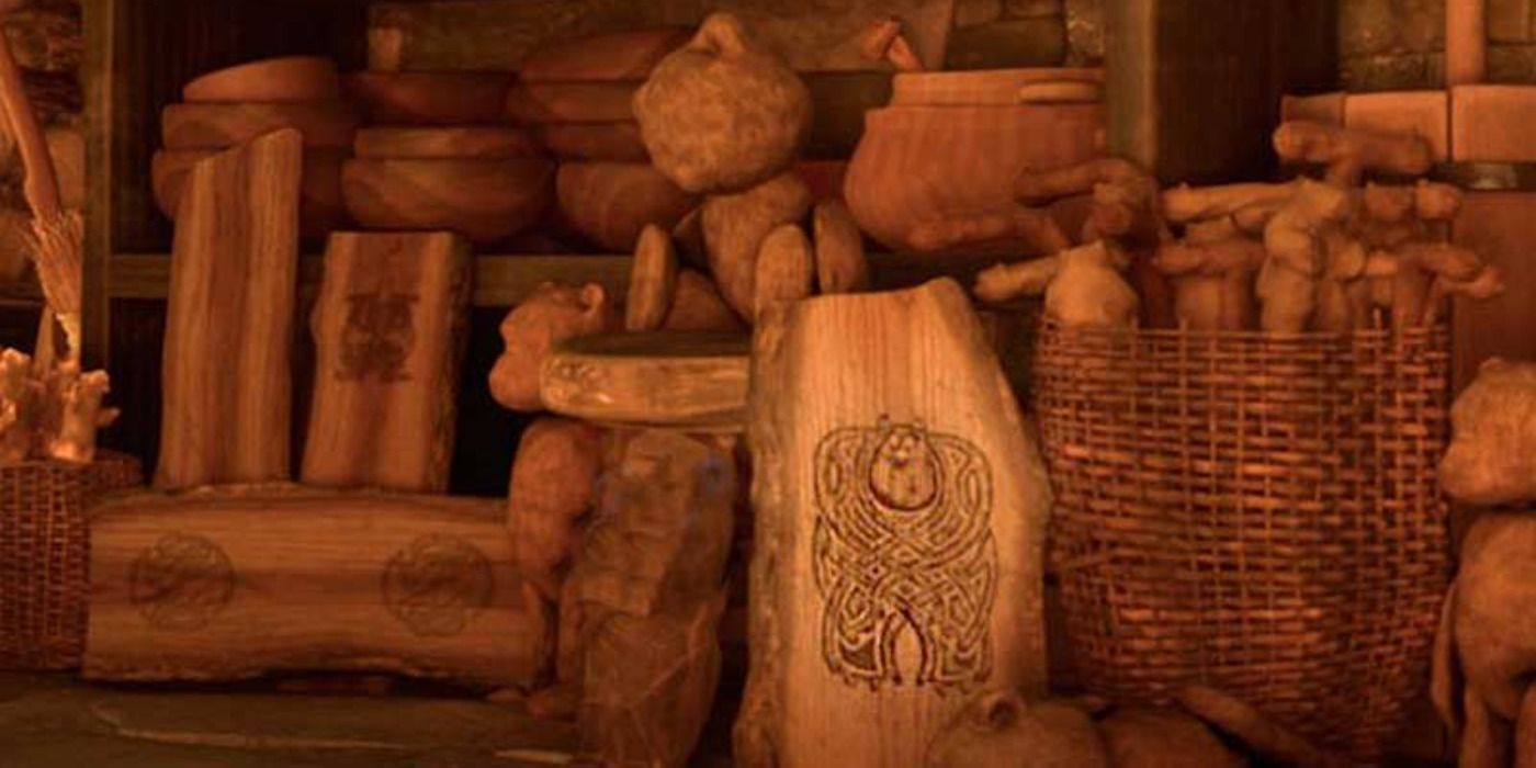 A wood carving of Sully from Monsters Inc. appears in the Witches home in Brave