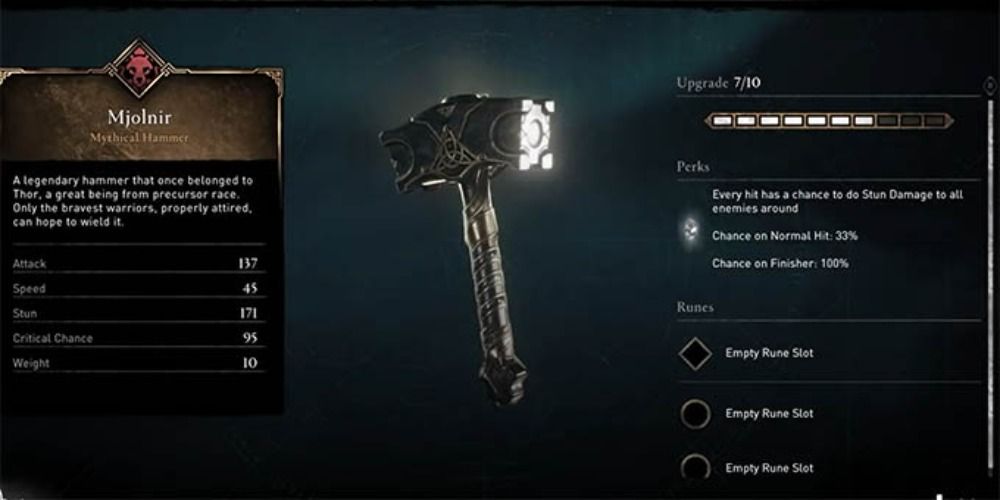An image of Mjolnir and its stats in Assassins Creed Valhalla