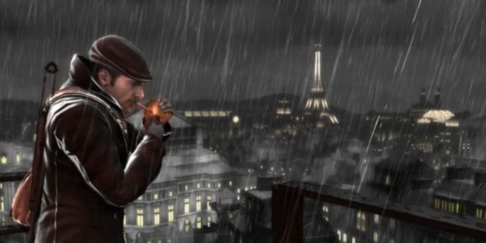 An image of Sean smoking a cigarette as he overlook Paris in The Saboteur