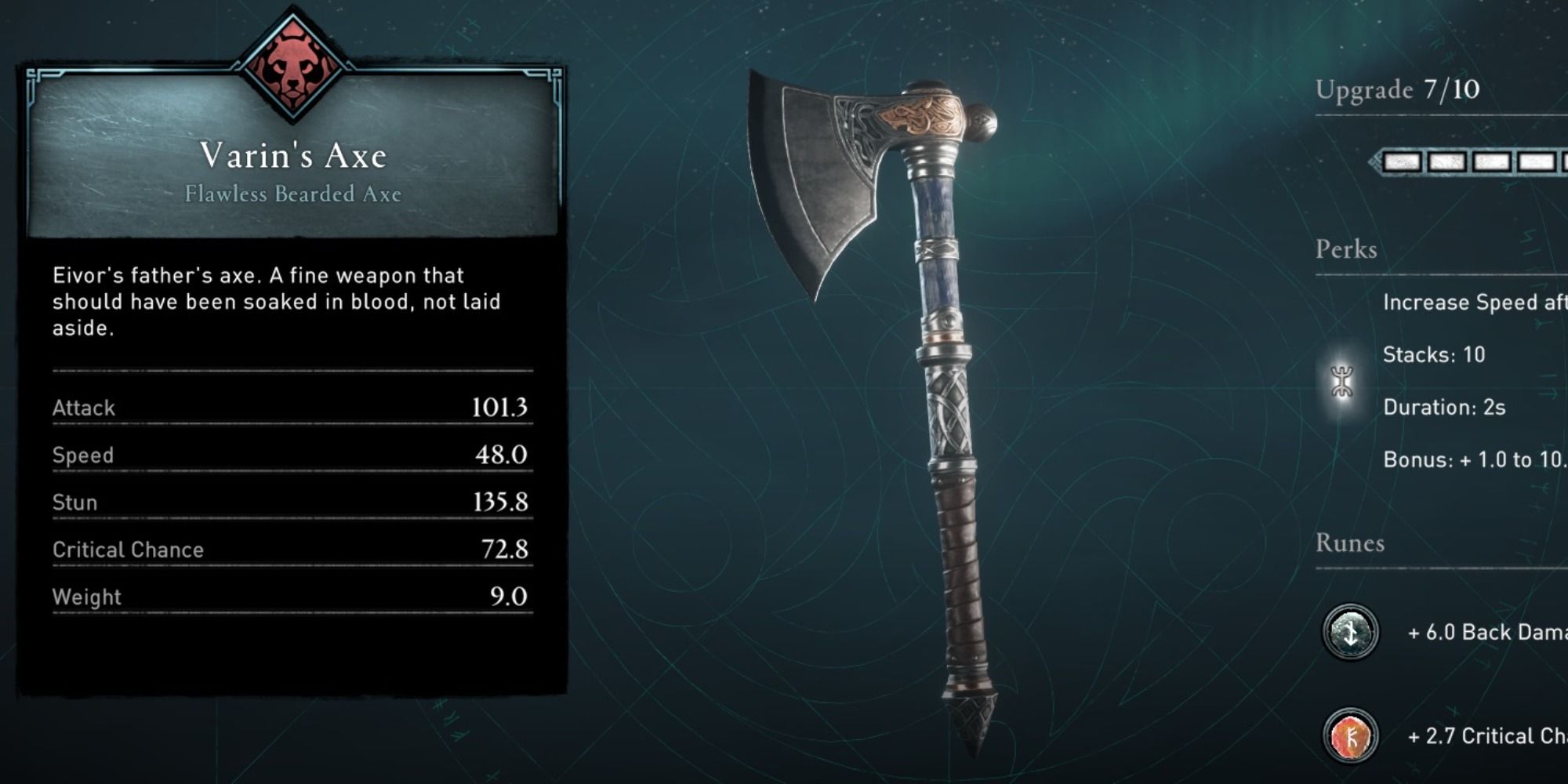 An image of Varins Axe and its stats in Assassins Creed Valhalla
