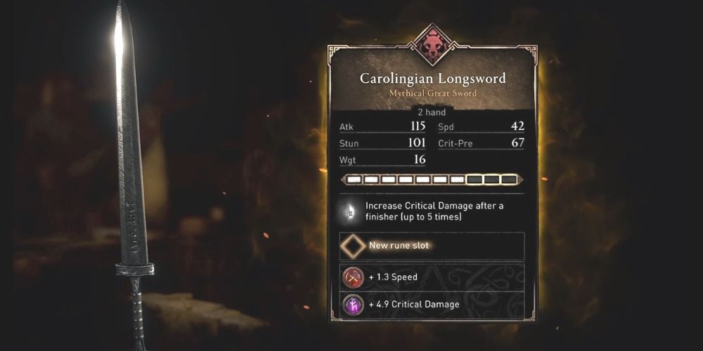 An image of the Carolingian Longsword and its stats in Assassins Creed Valhalla