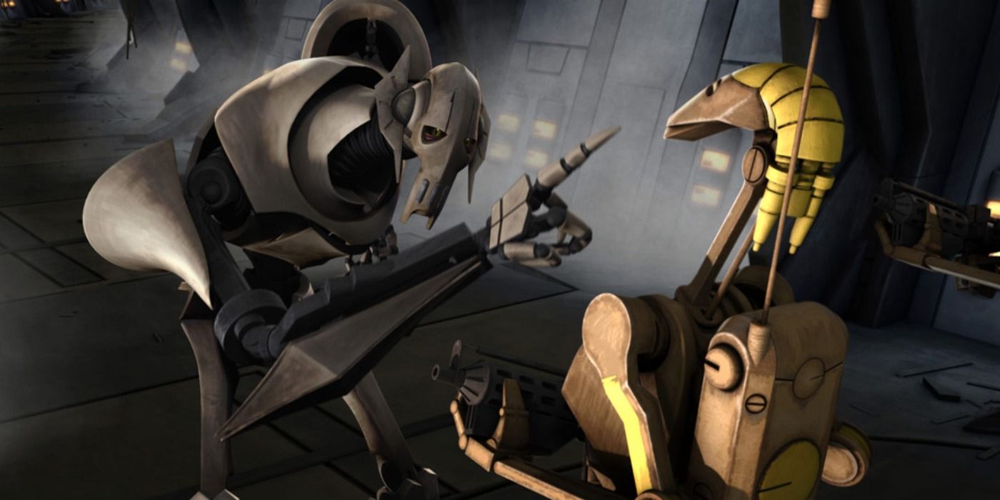 General Grievous barks orders at one of his battle droid captains in The Clone Wars
