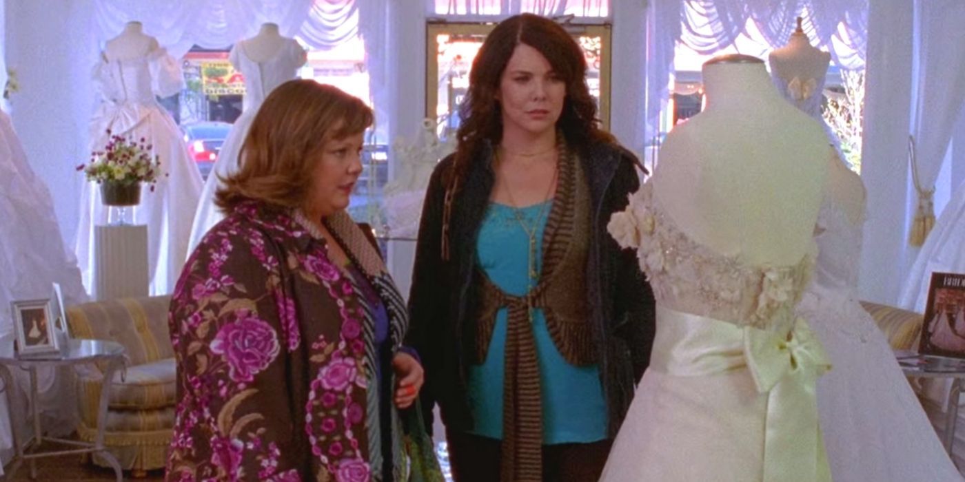 Lorelai and Sookie looking at Lorelais dream wedding dress in Gilmore Girls