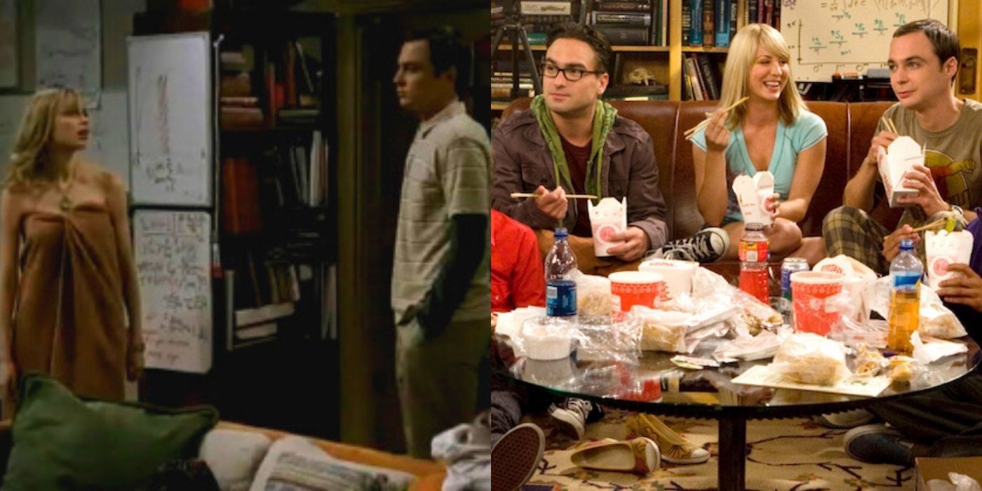 A split image of Sheldon and Katie in his living room in the unaired pilot next to the gang eating dinner in his apartment on TBBT