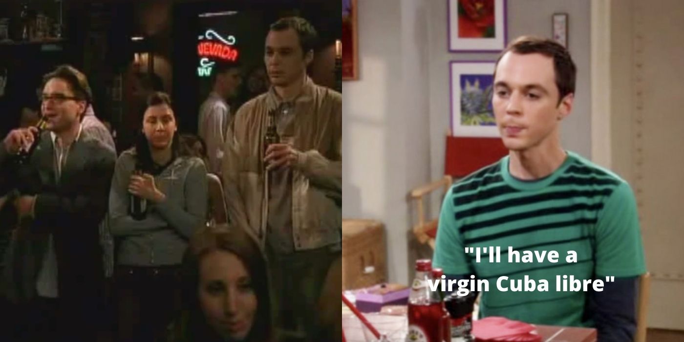 A split image of Sheldon drinking a beer in the unaired pilot of TBBT and later a still of Sheldon ordering a coke