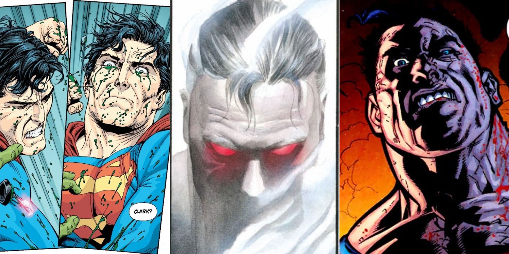 A split image of Superman attacking Brainiac him looking at the ground and Clark looking angry in the DC comics