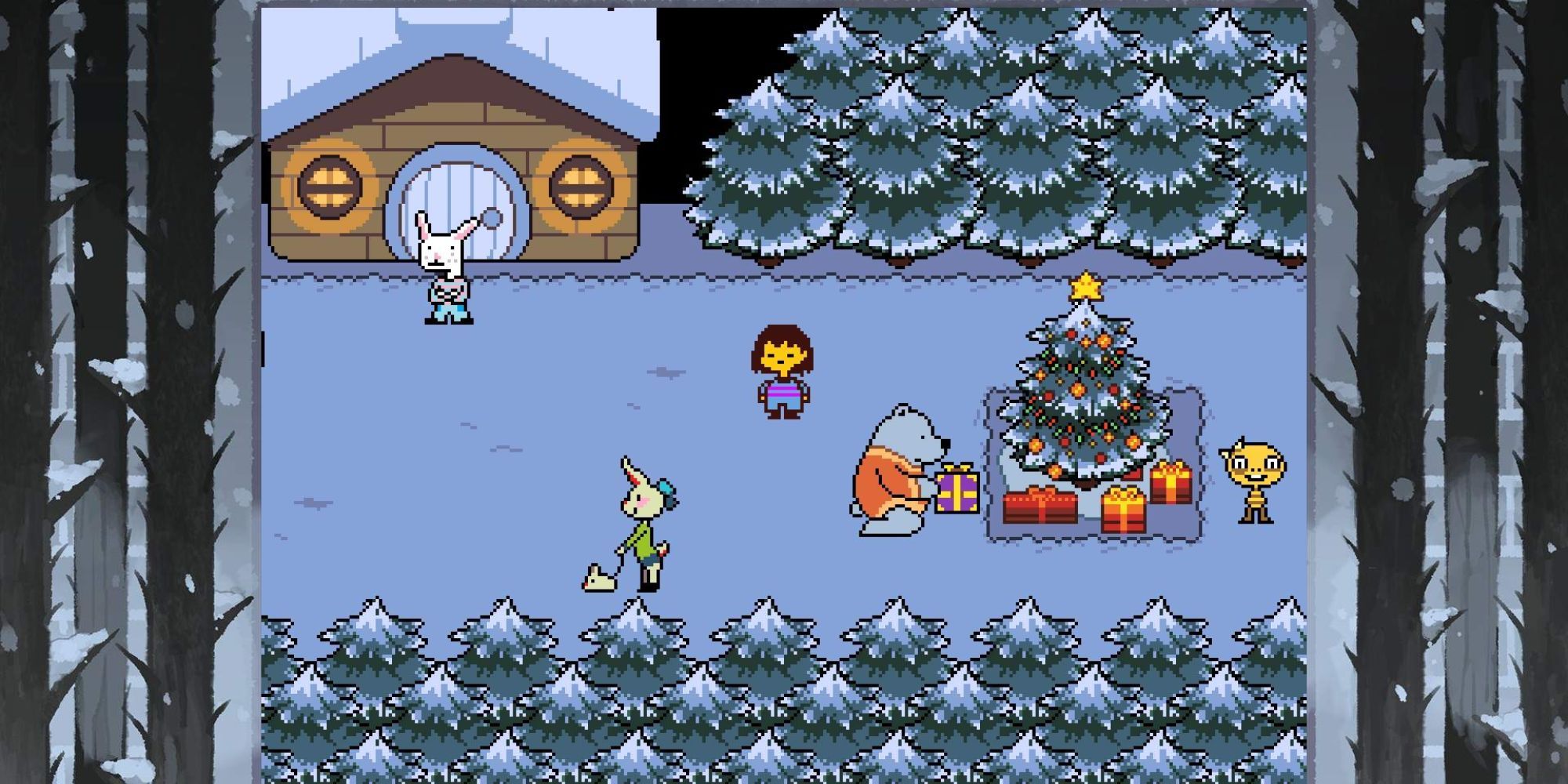 Image from Undertale featuring the main character standing in a snowy area with a Christmas tree