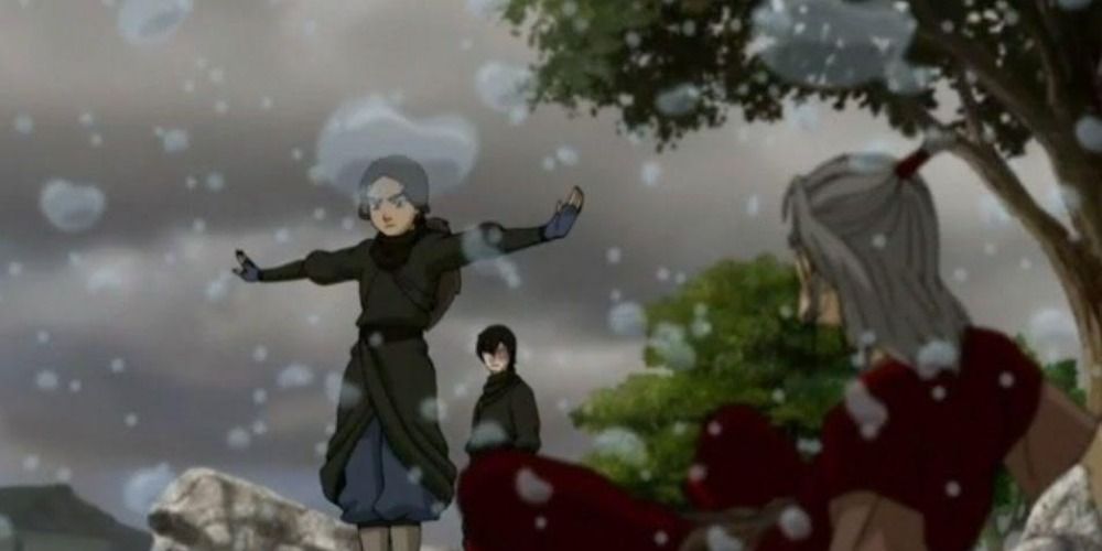 Katara from Avatar The Last Airbender stopping the rain in the air standing over an old man