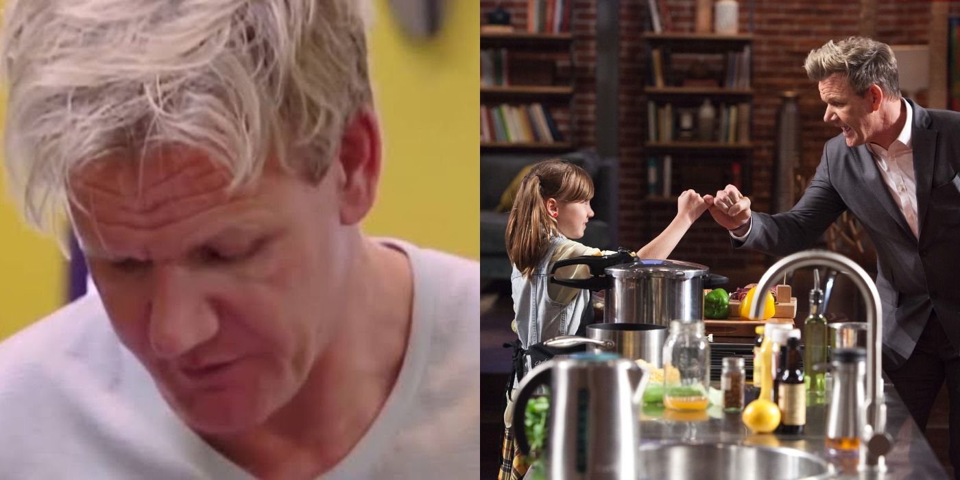 Kitchen Nightmares 10 Gordon Ramsay Quotes That Show His Softer Side   Gordon Ramsay Looking Down And Gordon Holding Hands With A Young Chef On Masterchef Jr 