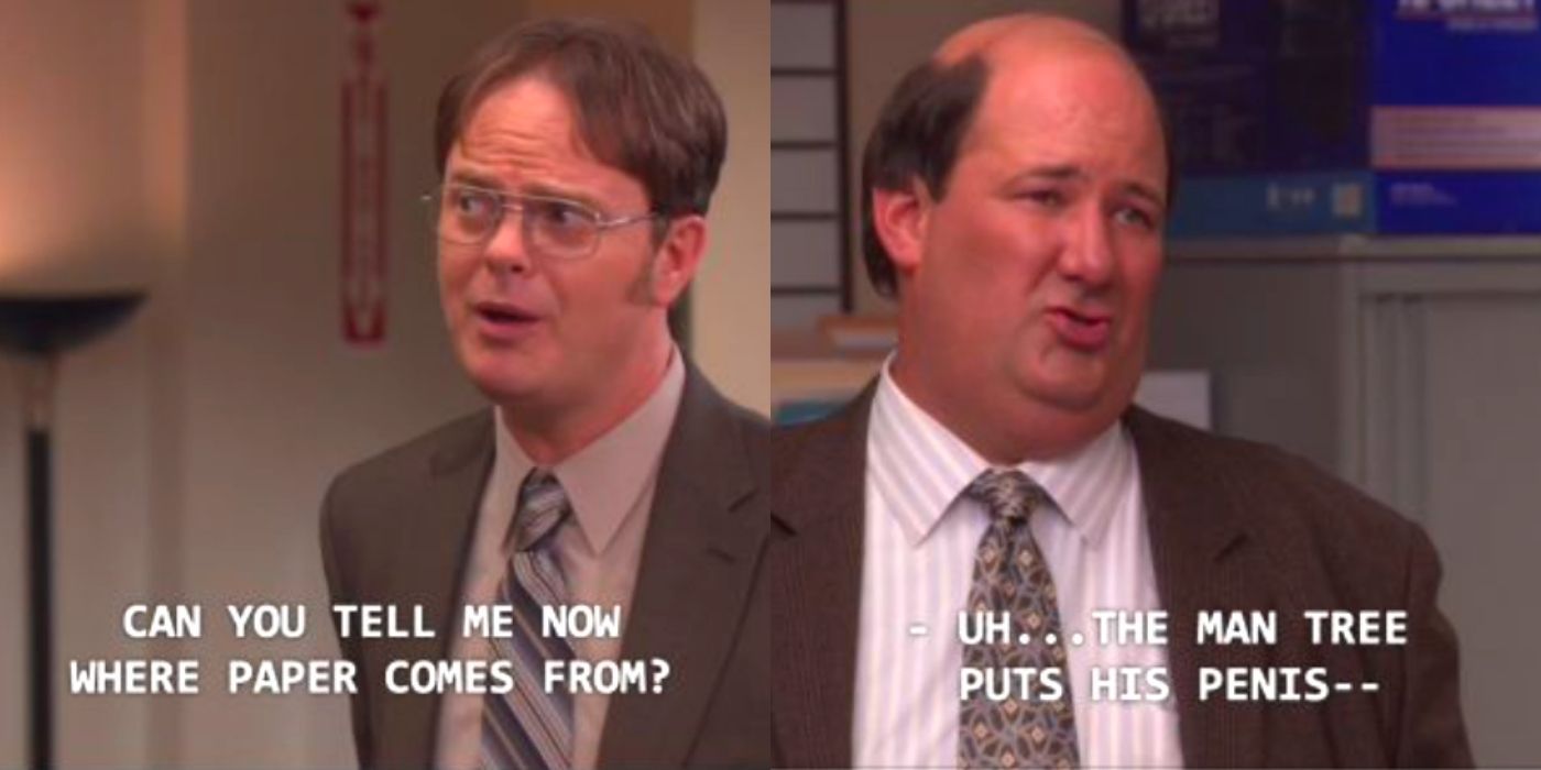 A split image of Kevin and Dwight talking how paper is made on The Office
