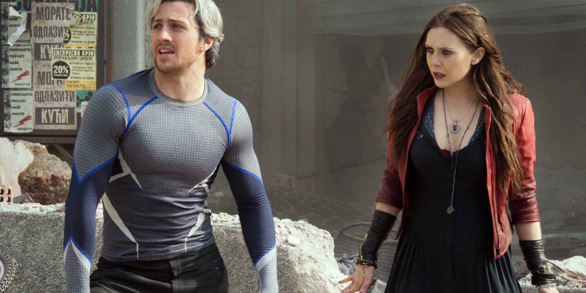 Elizabeth Olsen as Scarlet Witch and Aaron Taylor Johnson as Quicksilver in Avengers Age of Ultron