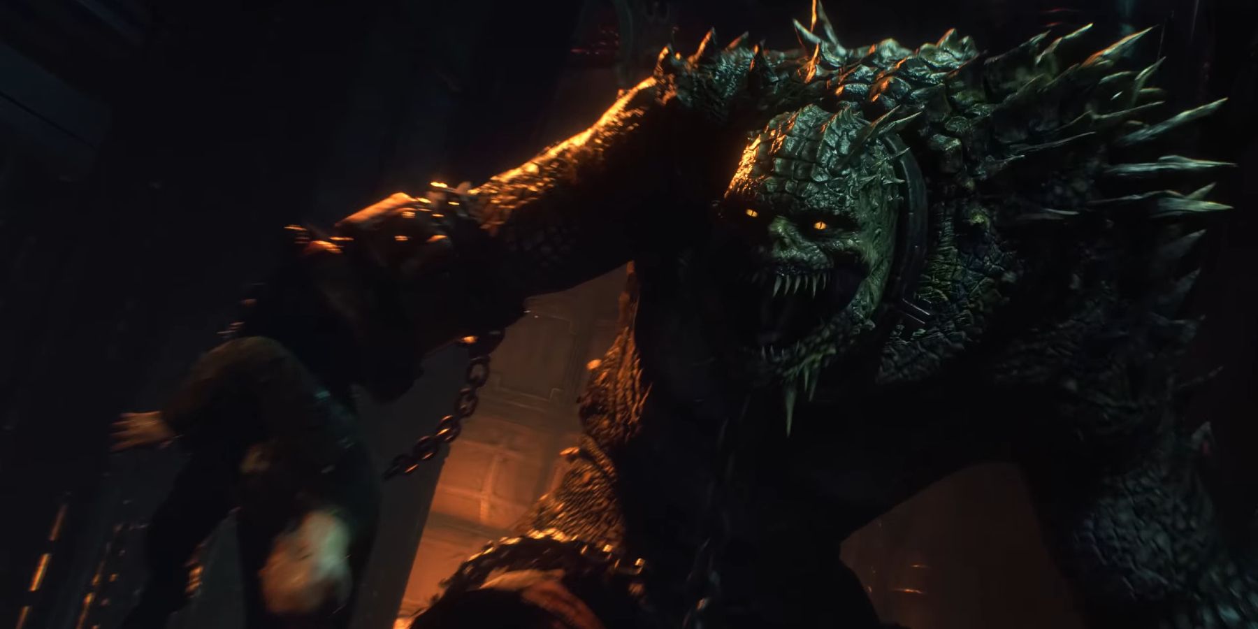 Killer Croc roaring while kidnapping the warden in Batman Arkham Knight