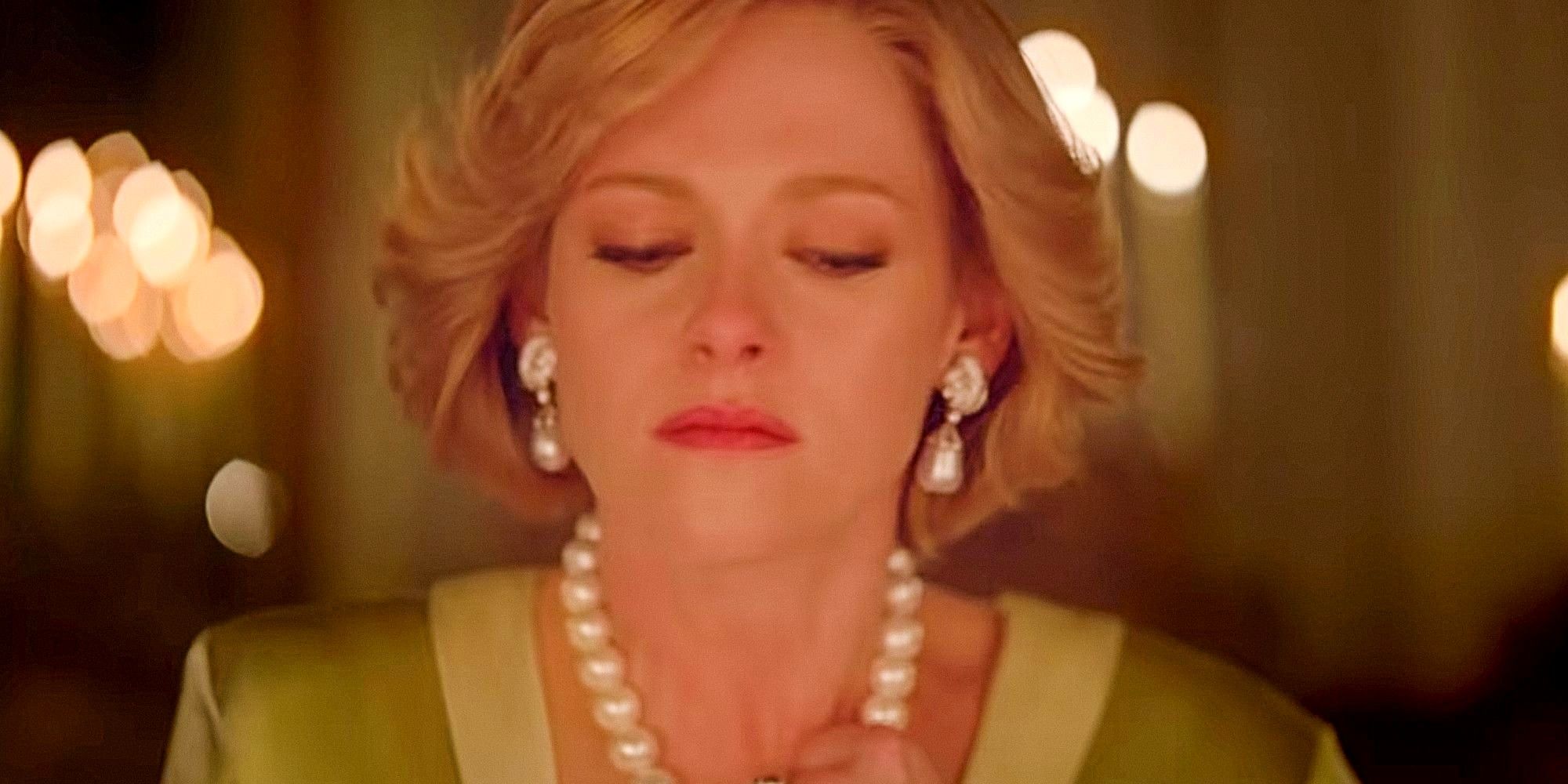Kristin Stewart as Princess Diana in Spencer wearing pearls