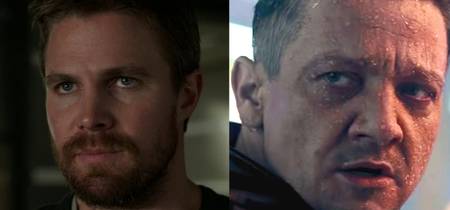 Oliver QueenとClint Bartonの両方が画面外を少し暗く見つめ